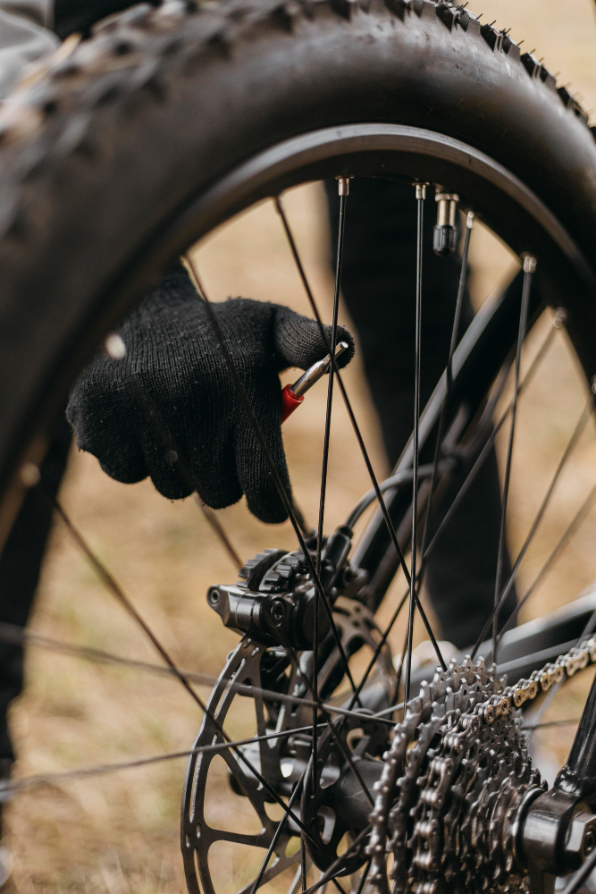Mountain bike wheel checked before a Karura Forest hire
